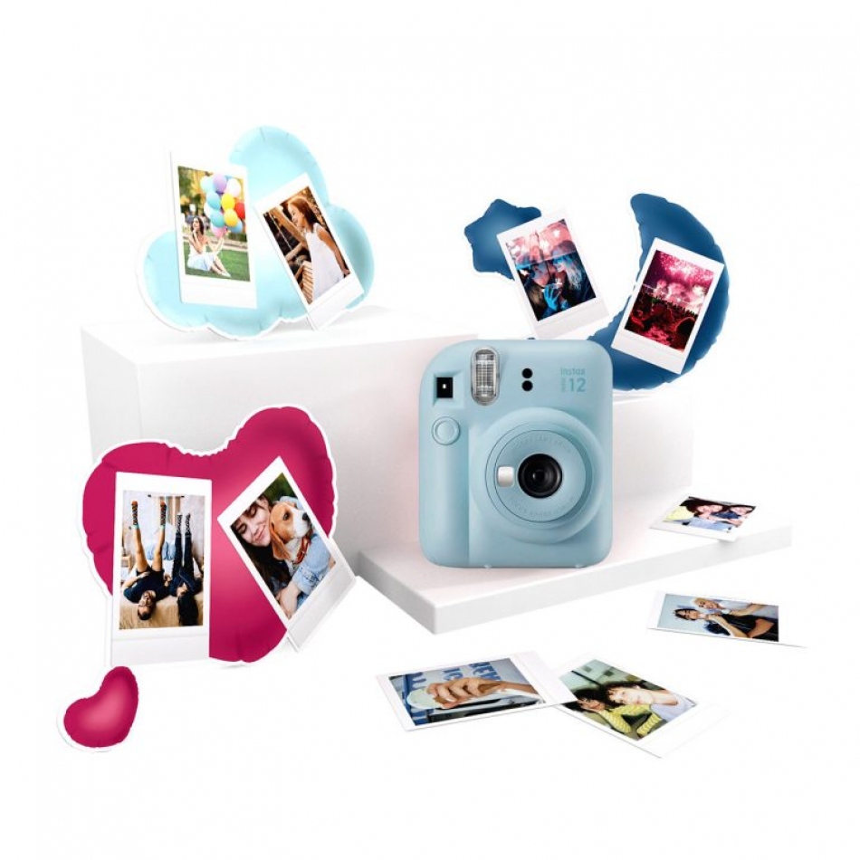 Fujifilm Pack Best Memories Instax Mini 12 Pastel Blue Camara Instantanea + Film Instax Mini 10ud. + 3 Portafotos - Tamaño de Imagen 62x46mm - Flash Auto - Exposicion Automatica - Mini Espejo para Sel
