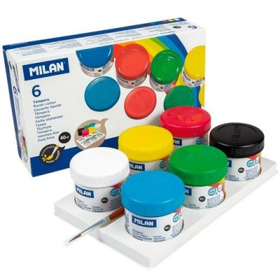 MILAN TÉMPERA 40ML CON PINCEL COLORES SURTIDOS -CAJA 6 BOTES-