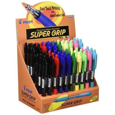 Pilot Expositor de 60 Boligrafos de Bola Retractiles SuperGrip - Punta Redonda 1.0mm - Trazo 0.27mm - Tinta de Aceite - Grip Ergonomico - Colores Surtidos