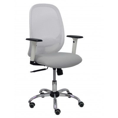 Silla Cilanco blanca malla blanca asiento bali gris claro brazo regulable base cromada ruedas parqué