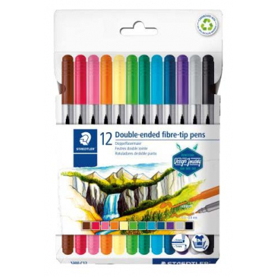 Staedtler 3200 Pack de 12 Rotuladores de Doble Punta - Resistente a la Presion - Colores Surtidos