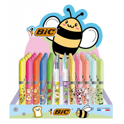 Bic Kawaii Pack de 144uds + Expositor con Capacidad para 60uds - Incluye 120 Marcadores Fluorescentes Highlighter Grip en Colores Surtidos, 12 Boligrafos Bic 4 Colours Fun y 12 Boligrafos Bic 4 Colour
