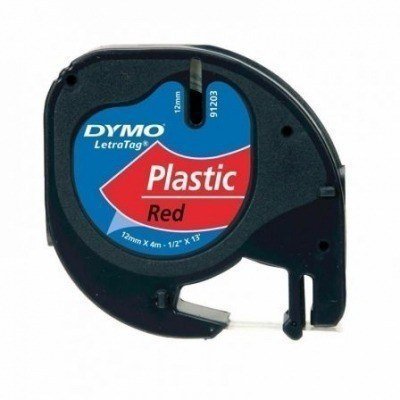 Dymo LetraTag S0721630 Cinta de Etiquetas Original para Rotuladora - Texto negro sobre fondo rojo - Ancho 12mm x 4 metros (91203)