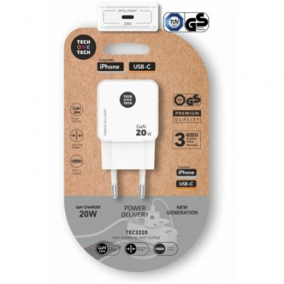 Cargador de Pared GaN Tech One Tech GaN TEC2220/ 1xUSB Tipo-C/ 20W/ Blanco