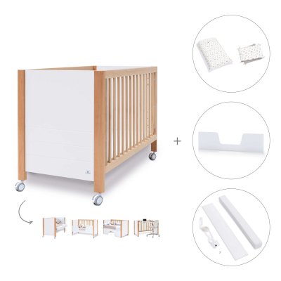 Cuna-escritorio madera/blanco (5en1) 60x120 cm + textil Taiga · Ombra