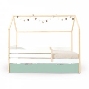 Cama-casita Montessori 90x200 cm madera con cajones verde-menta · Sogni XL