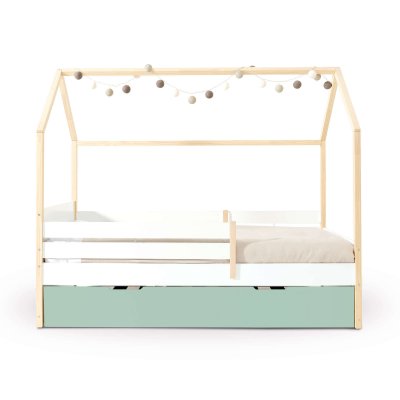 Cama-casita Montessori 90x200 cm madera con cajones verde-menta · Sogni XL