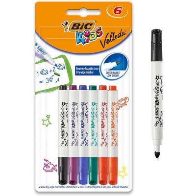 Bic Kids Mini Velleda Pack de 6 Rotuladores para Pizarra - Punta Bloqueada - Tinta con Base de Alcohol - Borrado Optimo - Colores Surtidos