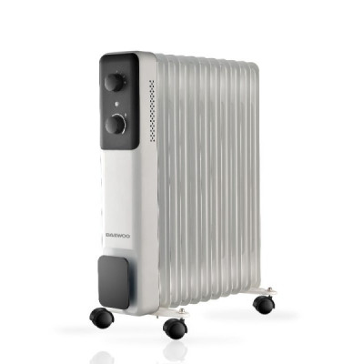 Daewoo DW9507 Radiador de Aceite - Potencia 2500W - 11 Elementos - Termostato Regulable - Ruedas - Asa de Transporte - Funcionamiento Automatico - Color Blanco y Negro