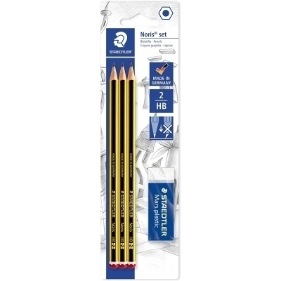 Staedtler Noris 120 Pack de 3 Lapices de Grafito Hexagonales 2HB + 1 Gomas de Borrar Mars Plastic - Madera de Bosques Sostenibles