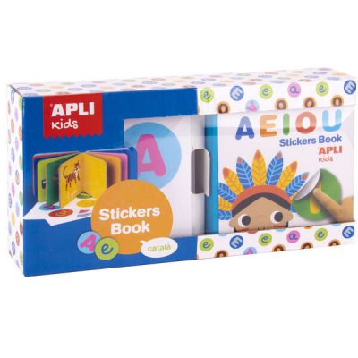 Apli Libro de Pegatinas Educativo Vocales - Tamaño 100x100x40 - 10 Paginas de Carton Rigido de 3mm - 5 Hojas de Gomets Removibles - Diseño Infantil con Ilustraciones Coloridas y Divertidas - Resistent
