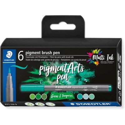 Staedtler 371 Pack de 6 Rotuladores Punta de Pincel Suave - Colores Vivos y Brillantes - No Amarillea con el Paso del Tiempo - Nueva Tinta Multi Ink - Pigmentos de Primera Calidad - Colores Verdes/Tur
