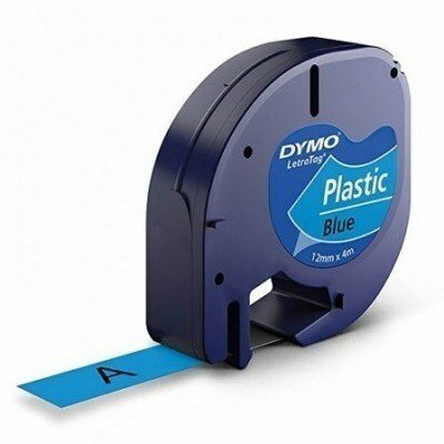 Dymo LetraTag S0721650 Cinta de Etiquetas Original para Rotuladora - Texto negro sobre fondo azul - Ancho 12mm x 4 metros (91205)