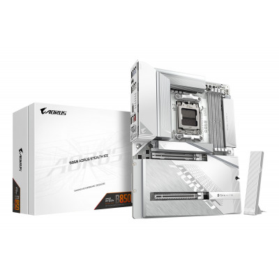 B850 AORUS STEALTH ICE Placa Base  Procesadores AMD Ryzen serie 9000, VRM digital de 14+2+2 fases, hasta 8200 MHz DDR5 (OC), 2 x M.2 PCIe 5.0 + 2 x PCIe 4.0, Wi-Fi 7, LAN 5 GbE, USB 3.2 Gen 2