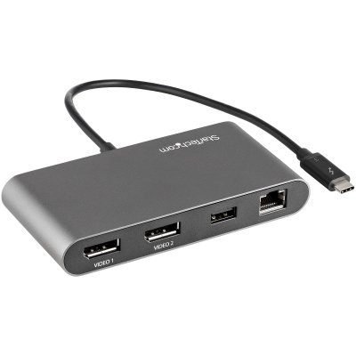 Mini Dock Thunderbolt 3 - Docking Station Portátil para 2 Monitores con DP 4K 60Hz, 1x Hub USB-A (USB 3.0/5 Gbps), GbE - Cable de 28cm - Adaptador Multipuertos TB3 - Mac/Windows