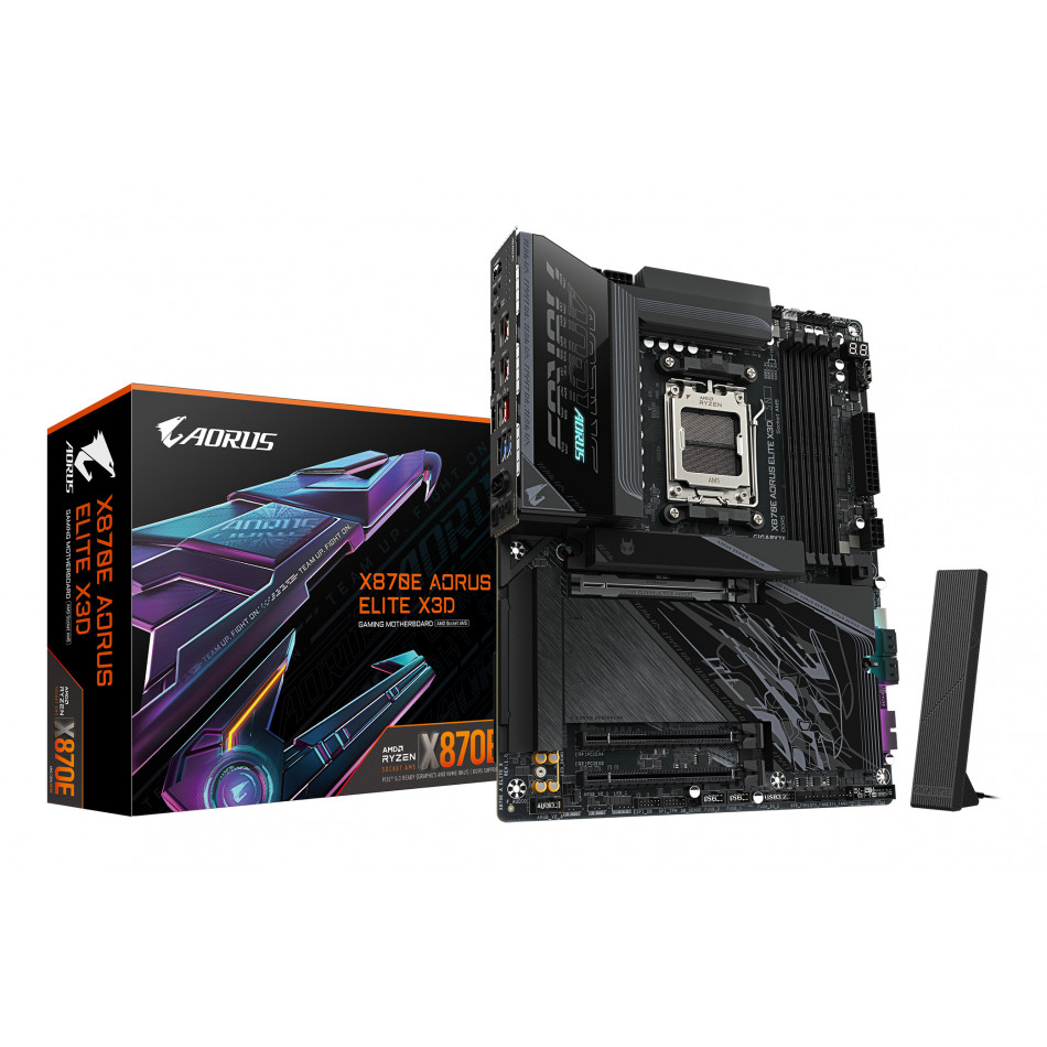 X870E AORUS ELITE X3D Placa Base  Compatible con procesadores AMD Ryzen 9000, VRM digital de 16+2+2 fases, hasta 9000 Hz DDR5 (OC), 2 x PCIe 5.0 + 2 x PCIe 4.0, Wi-Fi 7, LAN 5 GbE, USB 4