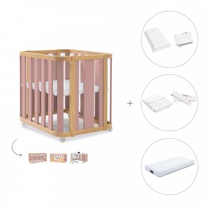 Minicuna-cuna (4en1) madera/rosa + colchón + textil Taiga · Crea Plus Tre Quarzo Rosa