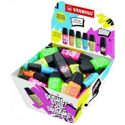 Stabilo Boss Mini by Snooze One Expositor con 50 Mini Marcadores Fluorescentes - Trazo entre 2 y 5mm - Tinta con Base de Agua - Antisecado - Colores Surtidos