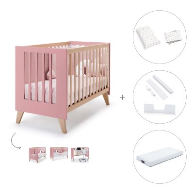 Cuna-cama colecho (4en1) 60x120 cm madera/rosa + colchón + textil Taiga · Nexor