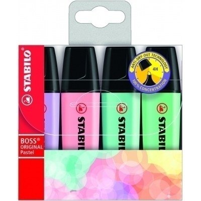Stabilo Boss 70 Pastel Pack de 4 Rotuladores Marcadores Fluorescentes - Trazo entre 2 y 5mm - Recargable - Tinta con Base de Agua