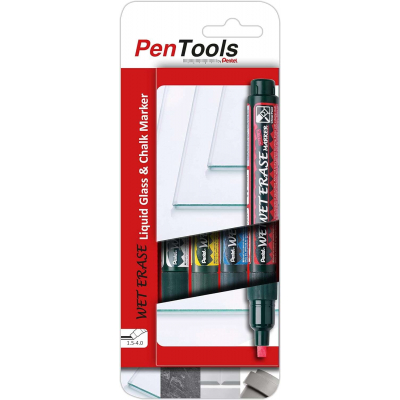 Pentel PenTools Pack de 4 Rotuladores de Tiza Liquida Wet Erase - Punta Biselada Reversible 2-4mm - Resistente a la Intemperie sobre Vidrio - Colores Blanco, Azul, Amarillo y Rojo