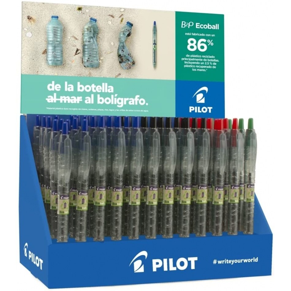 Pilot Expositor 60 Boligrafos de Bola Retractiles B2P Ecoball BeGreen + 10 B2P Gel BeGreen - 86,64% de Plastico Reciclado - Recargable - Colores surtidos