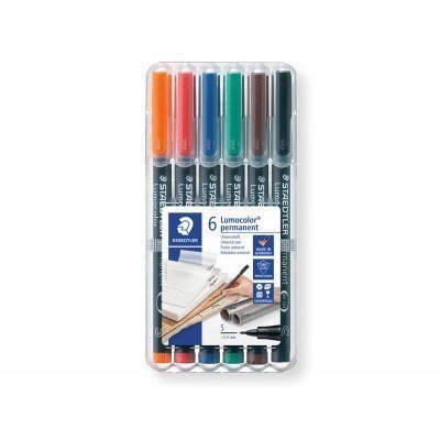 Staedtler Lumocolor 317 Pack de 6 Rotuladores Permanentes - Punta Media Redonda - Trazo 1mm aprox. - Capuchon con Clip - Secado Rapido - Colores Surtidos