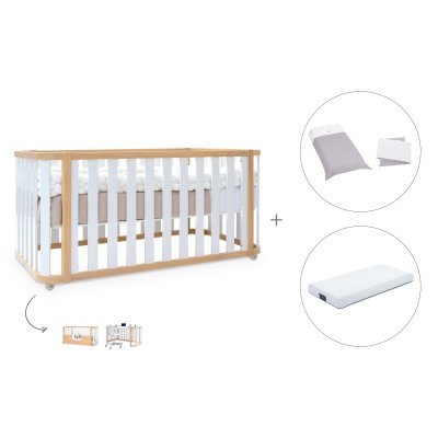 Cuna-cama madera/blanca 70x140 cm (3en1) + colchón + textil Carezza · Crea Plus Due Life
