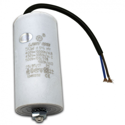 Condensador MOTOR 50uF 450Vac CABLES + M8 Medidas 50x120mm