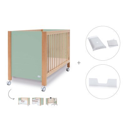 Cuna-cama-sofá-escritorio madera/verde-menta (4en1) 60x120 cm + textil Galaxy · Ombra