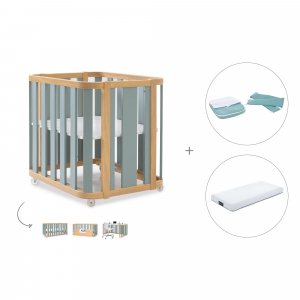 Minicuna-cuna (4en1) madera/verde + colchón + textil minicuna Mare · Crea Plus Tre Eucalyptus