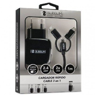 Cargador de Pared Subblim SUB-CHG-1ZWC02/ 2xUSB + Cable 3 en 1/ 12W/ Negro