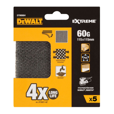 Pack 5 lijas de malla autoadherente 1/4 grano 60 para lijadoras orbitales 115x115mm dtm8664-qz dewalt