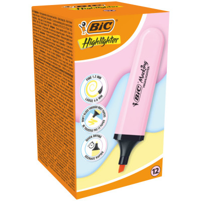 Bic Marking Highlighter Flat Marcador Fluorescente - Punta Biselada - Trazo entre 1.20 y 4.60 mm - Tinta con Base de Agua - Color Rosa Pastel