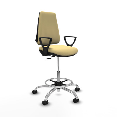 Taburete Elche CP similpiel crema brazos fijos base cromada ruedas 65mm nailon
