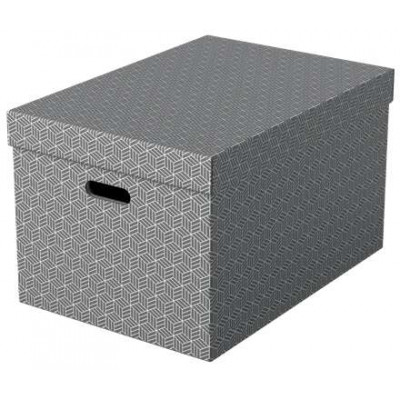 Pack de 3 cajas grandes de almacenamiento con tapa Esselte - 355x305x510mm - Cartón 100% reciclado - Asas integradas - Diseño gris con dibujo