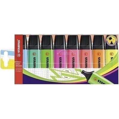 Stabilo Boss 70 Pack de 8 Marcadores Fluorescentes - Trazo entre 2 y 5mm - Recargable - Tinta con Base de Agua - Colores Surtidos