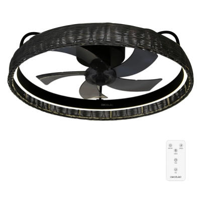 Cecotec EnergySilence LampAero 600 Black Design Ventilador de Techo con 5 Aspas de 17 y Luz LED - 20W - LED con 3 Tonos - Tulipa de Mimbre - Temporizador - Modo Invierno - 6 Velocidades - Color Negro