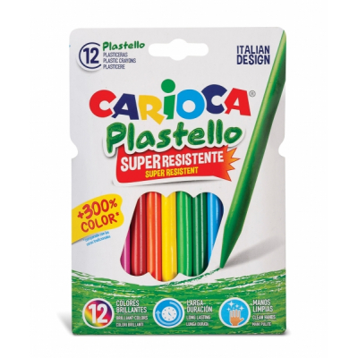 Carioca Plastello Pack de 12 Plasticeras - Extra Limpias - No Dejan Color en las Manos - Faciles de Afilar - Colores Surtidos Brillantes y Lavables