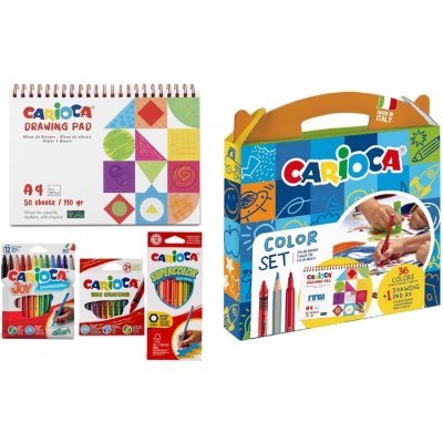 Carioca Color Set Pack con 12 Ceras, 12 Rotuladores y 12 Lapices de Colores + Bloc de Dibujo A4 - Colores Surtidos