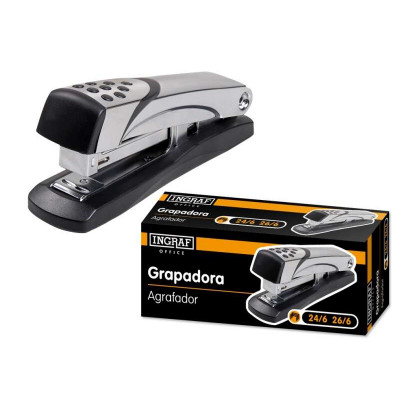 Ingraf Grapadora N5 Metalica - Cuerpo Metalico con Adornos en Plastico - Recubrimiento de Goma Antideslizante - Compatible con Grapas 24/6 y 26/6 - Color Gris