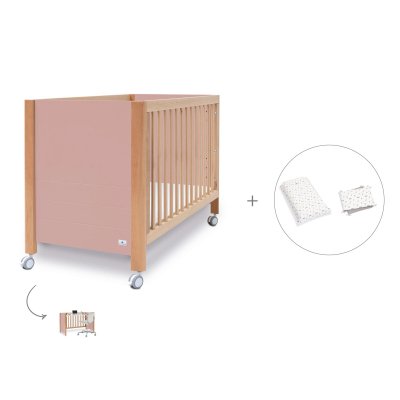 Cuna-escritorio madera/rosa (2en1) 60x120 cm + textil Taiga · Ombra