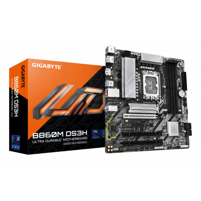 B860M DS3H Placa base - CPUs Intel Core Ultra, VRM de 5+1+2+1 fases, hasta 9066MHz DDR5, 1xPCIe 5.0 + 1xPCIe 4.0 M.2, LAN 2,5 GbE, USB 3.2 Gen 2
