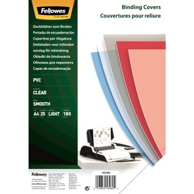 Fellowes Pack de 25 Portadas para Encuadernar de PVC A4 - 180 Micras - Muy Resistentes - Transparentes