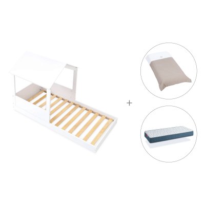 Cama-casita Montessori 90x190 cm + colchón + textil Arena · Bianca Tre