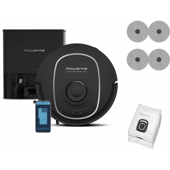 Robot aspirador Rowenta X-Plorer Serie 375+ RR8985E0, 8000 Pa, autovaciado, láser 360°, negro