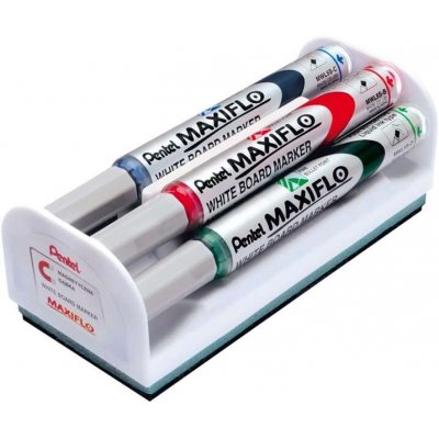 Pentel Maxiflo Pack de 4 Rotuladores para Pizarra Blanca + Borrador Magnetico - Punta de Bala - Ancho de Linea 2mm - Regulacion del Flujo de Tinta - Colores Negro, Azul, Rojo y Verde