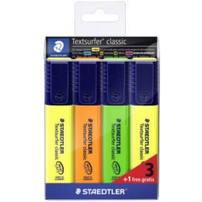 Staedtler Textsurfer Classic 364 Pack de 4 Marcadores Fluorescentes - Secado Rapido - Trazo 1 - 5mm Aprox - Colores Surtidos