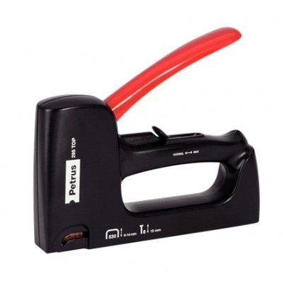 Petrus 295 Top Clavadora/Grapadora - Para Grapas 530/6 a 14mm y Pins Tipo 8 de 15mm - Ajuste de Potencia - Color Negro/Rojo