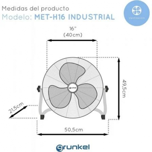 Ventilador de Suelo Industrial Grunkel MET-H16INDUSTRIAL/ 90W/ 3 Aspas 40cm/ 3 Velocidades